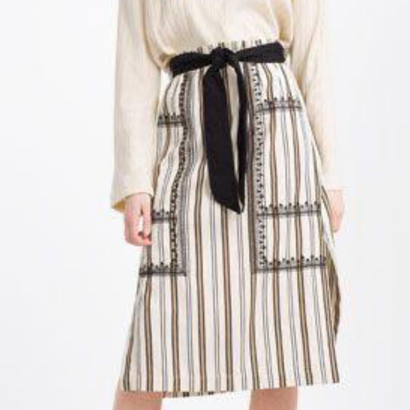 Zara Ecru/Black Embroidered & Striped Cotton Pencil Skirt- Sz. Med - Picture 1 of 12
